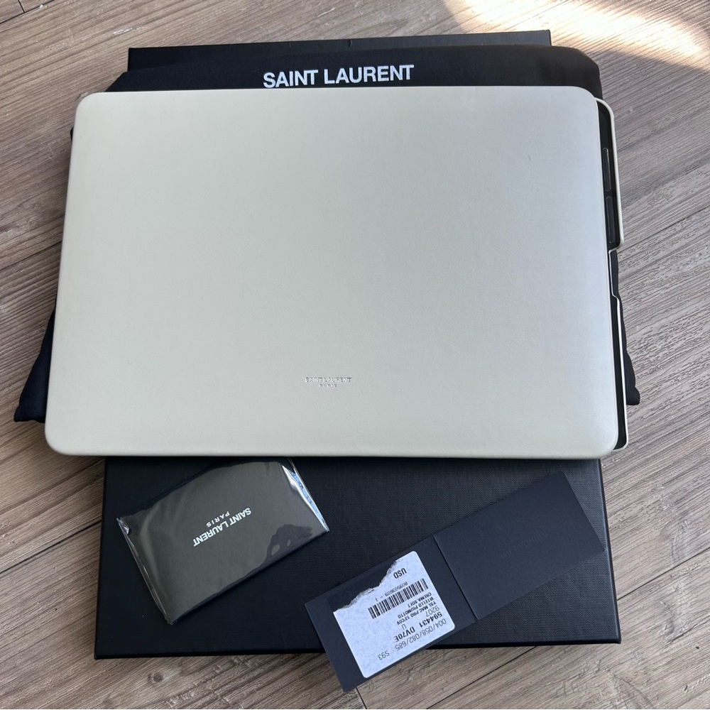 NWT Saint Laurent leather laptop case for a 13-inch MacBook Pro.